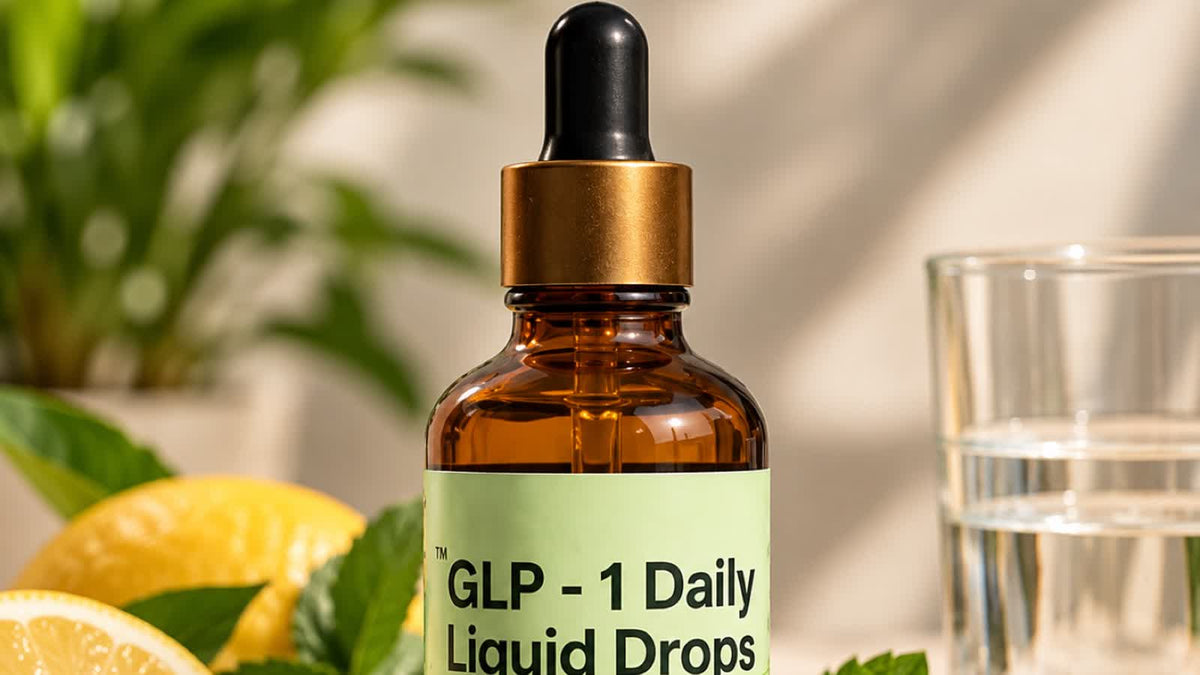 GLP-1 Daily Liquid Drops bottle beside a glass of water and lemon