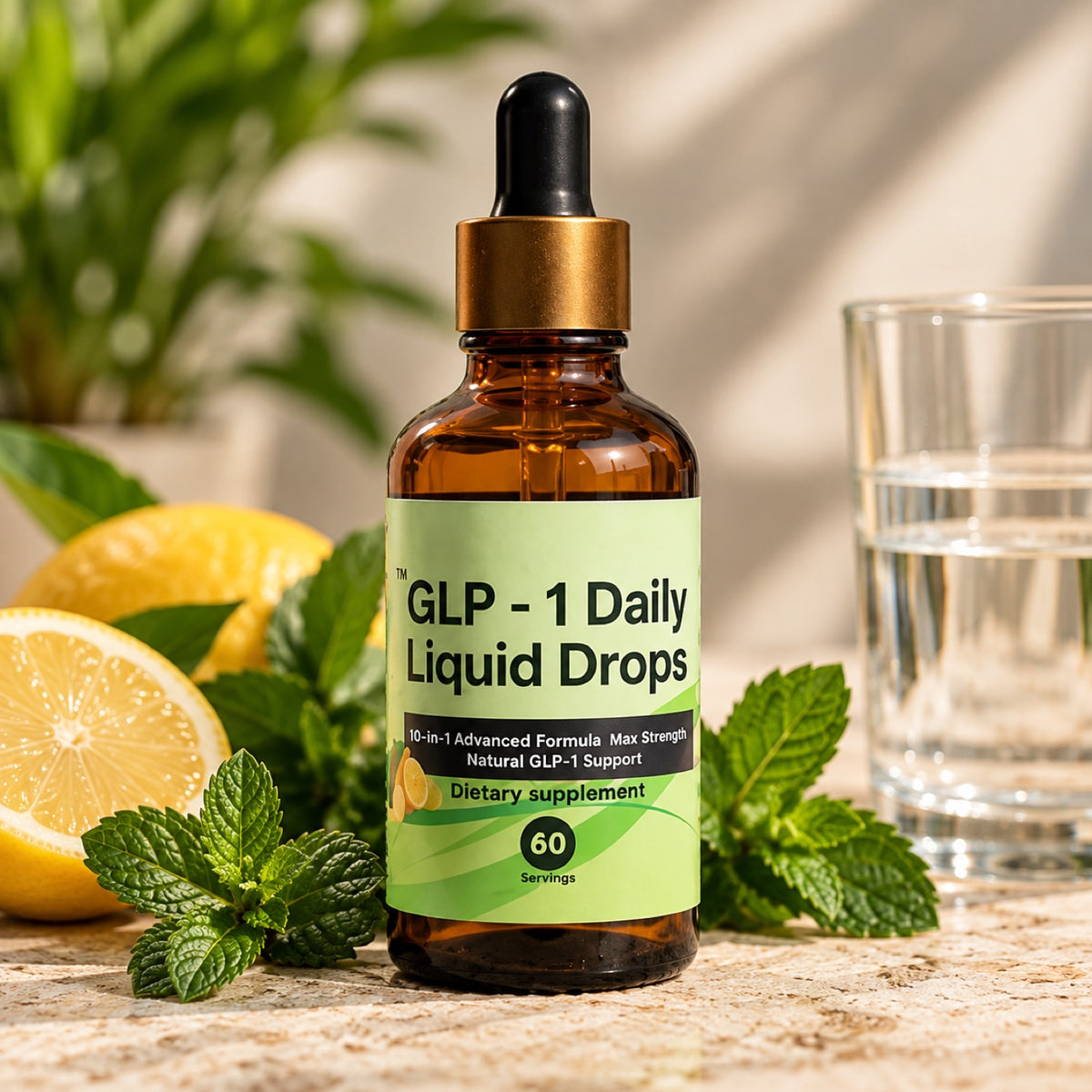 GLP-1 Daily Liquid Drops bottle beside a glass of water