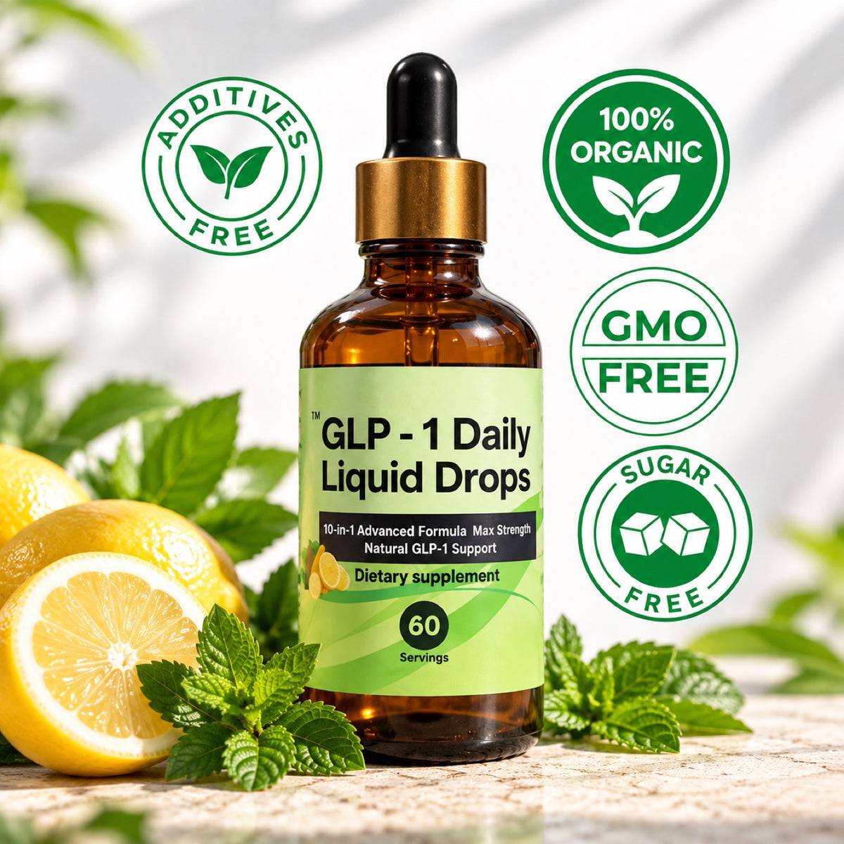 GLP-1 Daily Liquid Drops bottle with product badges